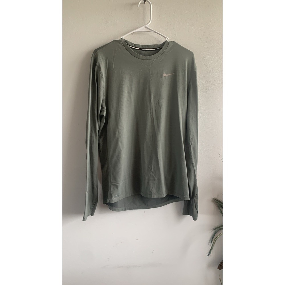 Nike Mens Dri-FIT Long Sleeve Running Shirt Sage Green Mesh Training Top M 3843